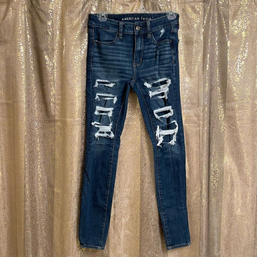 American Eagle Stretch Distressed Patched Dark Wash Hi Rise Jeggings, Size 2 - Picture 1 of 7